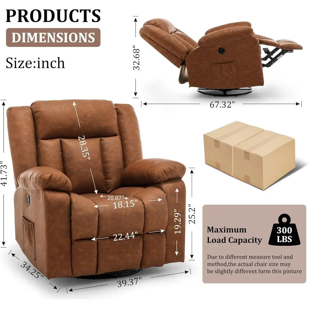 360° Swivel Recliner with Massage & Heating, Rocking Chair with Side Pockets & USB for Living Room, Nursery, or Bedroom