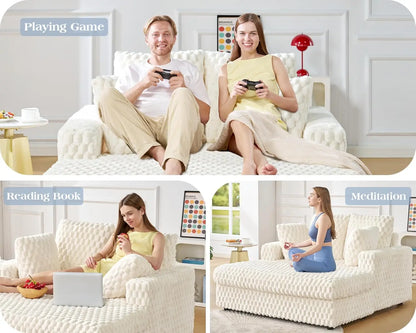 53 Inch Chaise Lounge Indoor, Upholstered Sofa Bed with Throw Pillows and Armrests, Sleeper Bed- Plush Lounge Chair for Living R