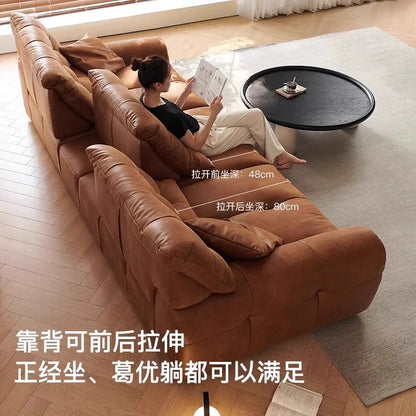 Retro oil wax leather sofa, small apartment living room straight row sofa, large sitting depth movable backrest medium ancient