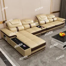 Luxury Italian Genuine Leather Sectional Sofa Set With Bluetooth Speaker And USB Ports Cow Leather Divano Living Room Furniture