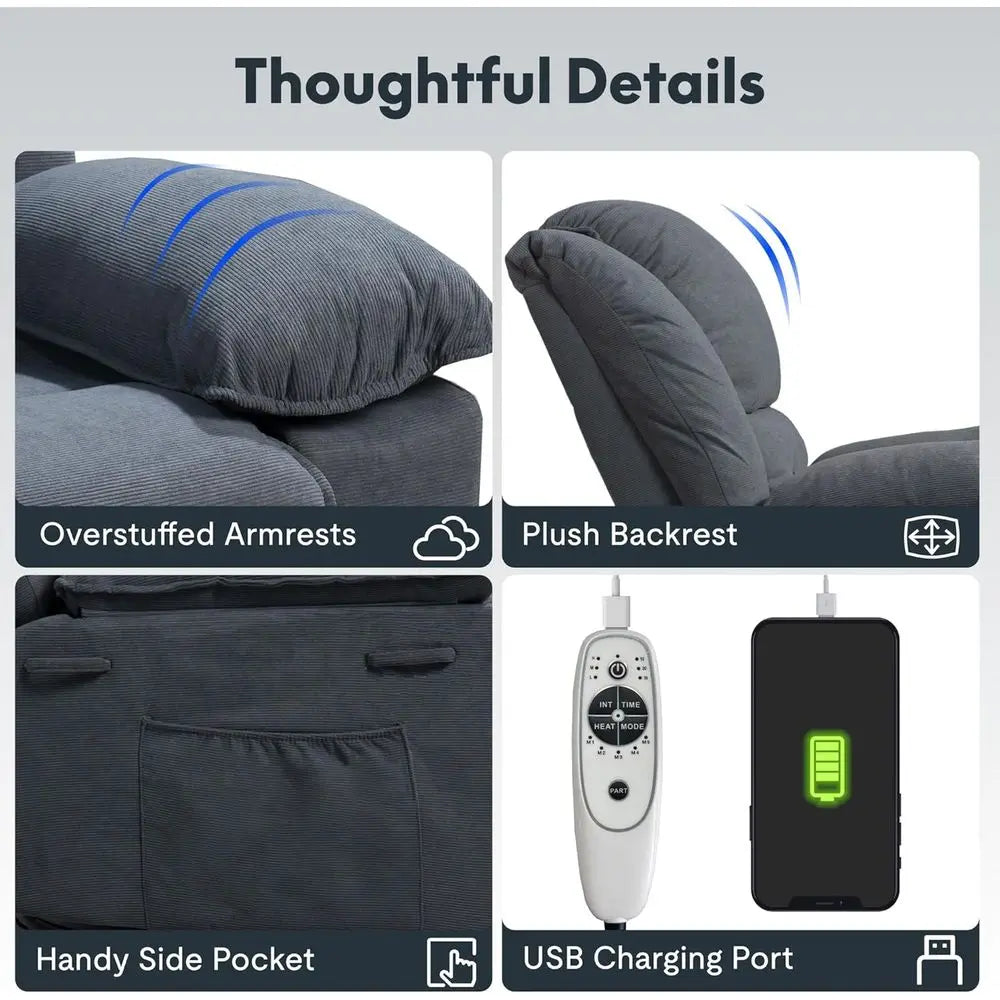 Adult Swivel Rocker Recliner with Massage & Heat, Manual Rocking Chair featuring USB Port and Side Pocket, Ideal for Small Space