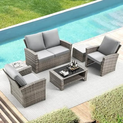 #For 6 Piece Patio Furniture Set, Outdoor Sectional Conversation Rattan Sofa Set w/Ottoman&Storage Table for Garden, Porch, Back