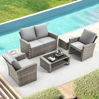 #For 6 Piece Patio Furniture Set, Outdoor Sectional Conversation Rattan Sofa Set w/Ottoman&Storage Table for Garden, Porch, Back