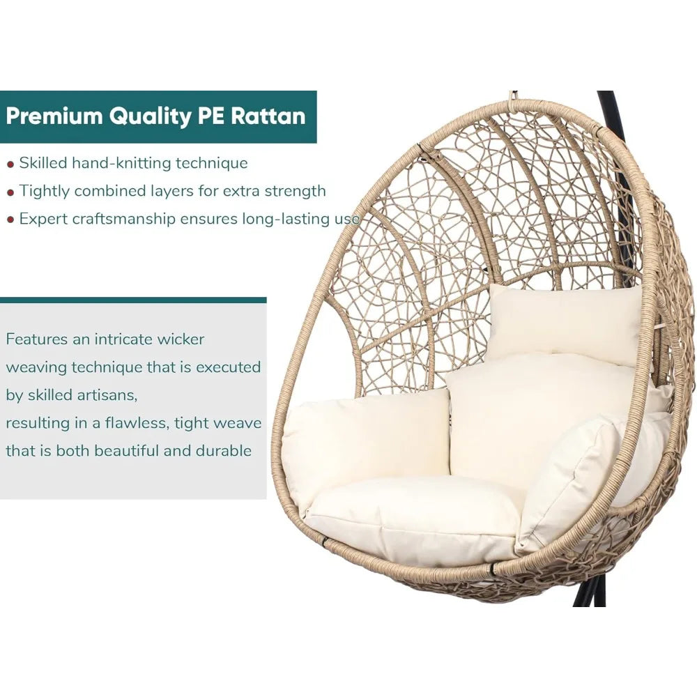 Hanging Egg Chair with Stand, Oversized Patio Swing Chair with Stand and Cushion, Hammock Wicker Rattan Lounge Chair