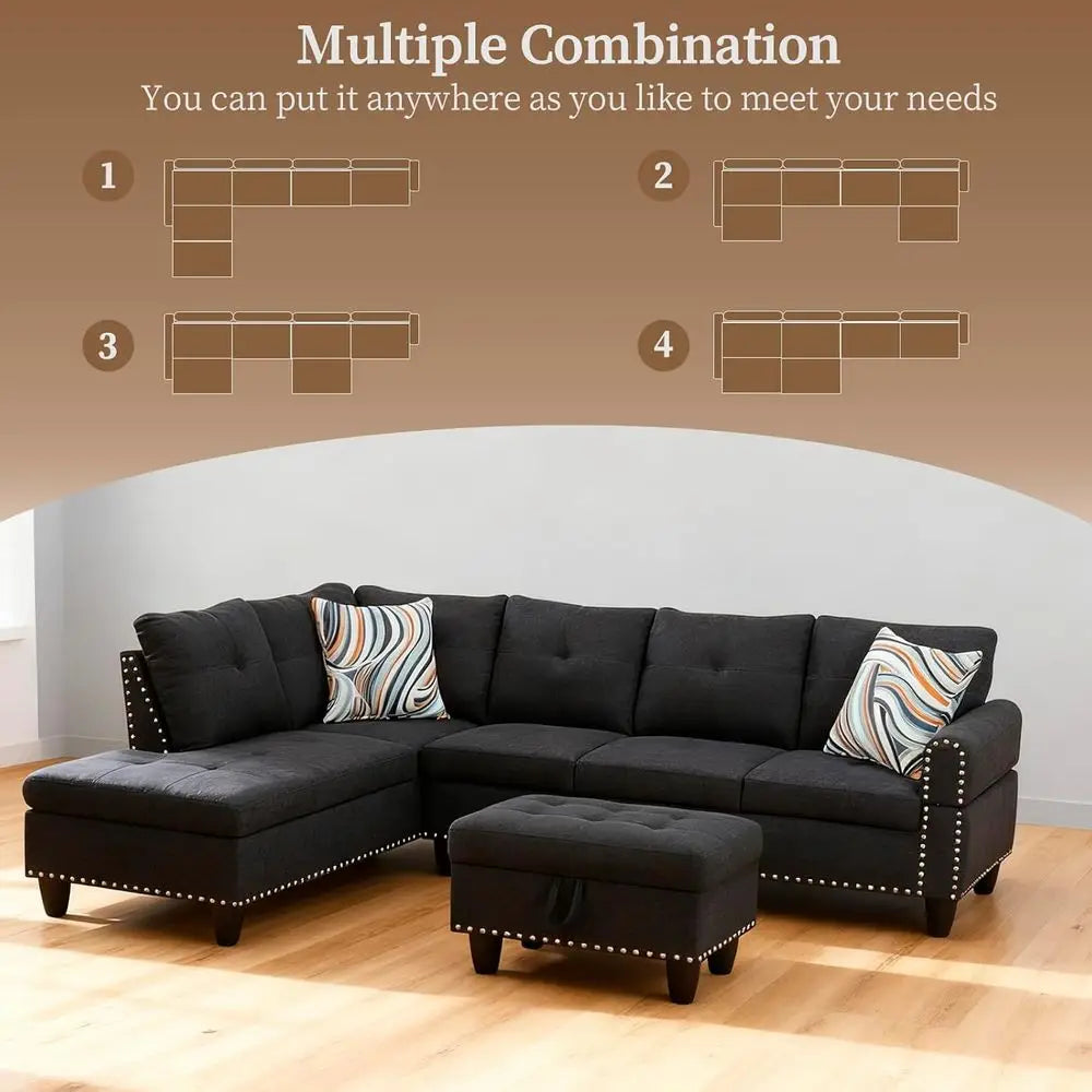 98'' Sectional Couches or Living Room, Linen abric L-Shaped Couch with Cup Holders and Storage Ottoman, 3 Pieces Living Room Soa