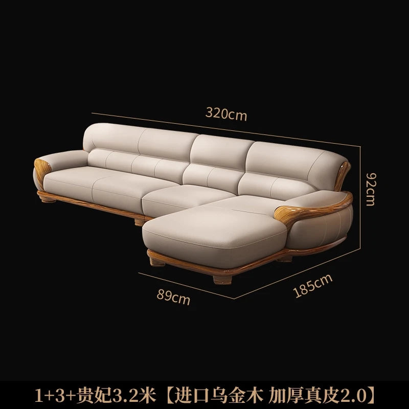New Chinese ebony leather sofa living room combination size apartment first layer cowhide straight row sofa