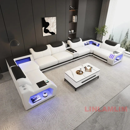 Modern Genuine Leather Massage Sectional Sofa Bed with Adjustable Headrests & LED Lights, Recliner Couch Set with Storage & USB