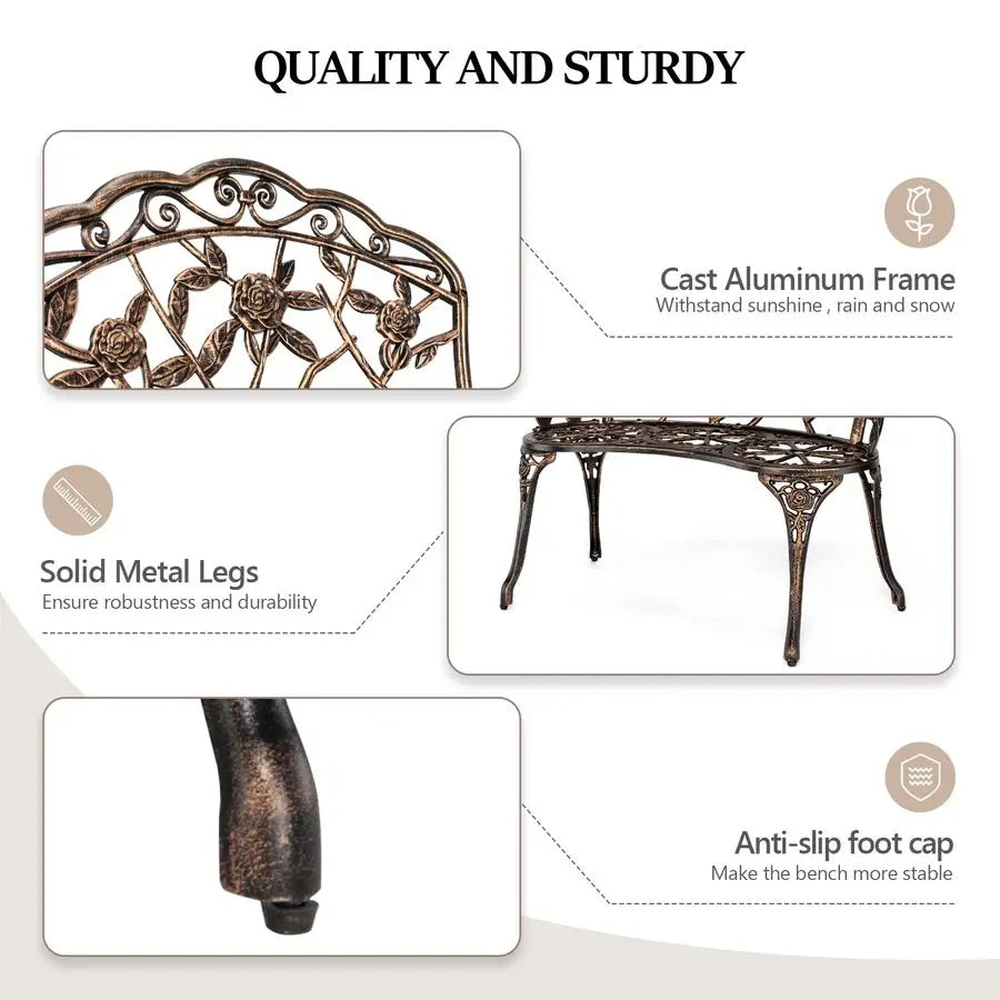 VINGLI 38.5 Patio Park Garden Outdoor Metal Rose Bench,Cast Iron Cast Aluminium Frame Antique Finish Chair,Accented Lawn Front