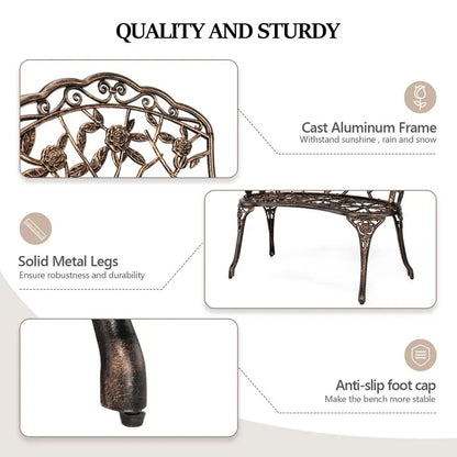 VINGLI 38.5 Patio Park Garden Outdoor Metal Rose Bench,Cast Iron Cast Aluminium Frame Antique Finish Chair,Accented Lawn Front