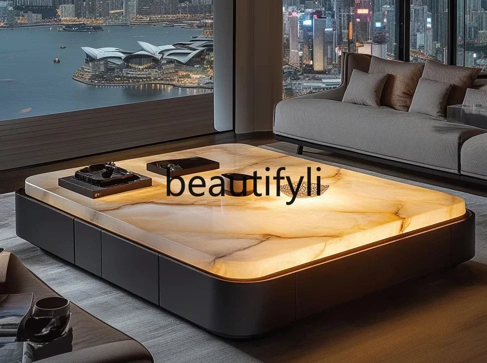 Square luxury stone leather luminous jade coffee table large flat-floor villa living room modern marble