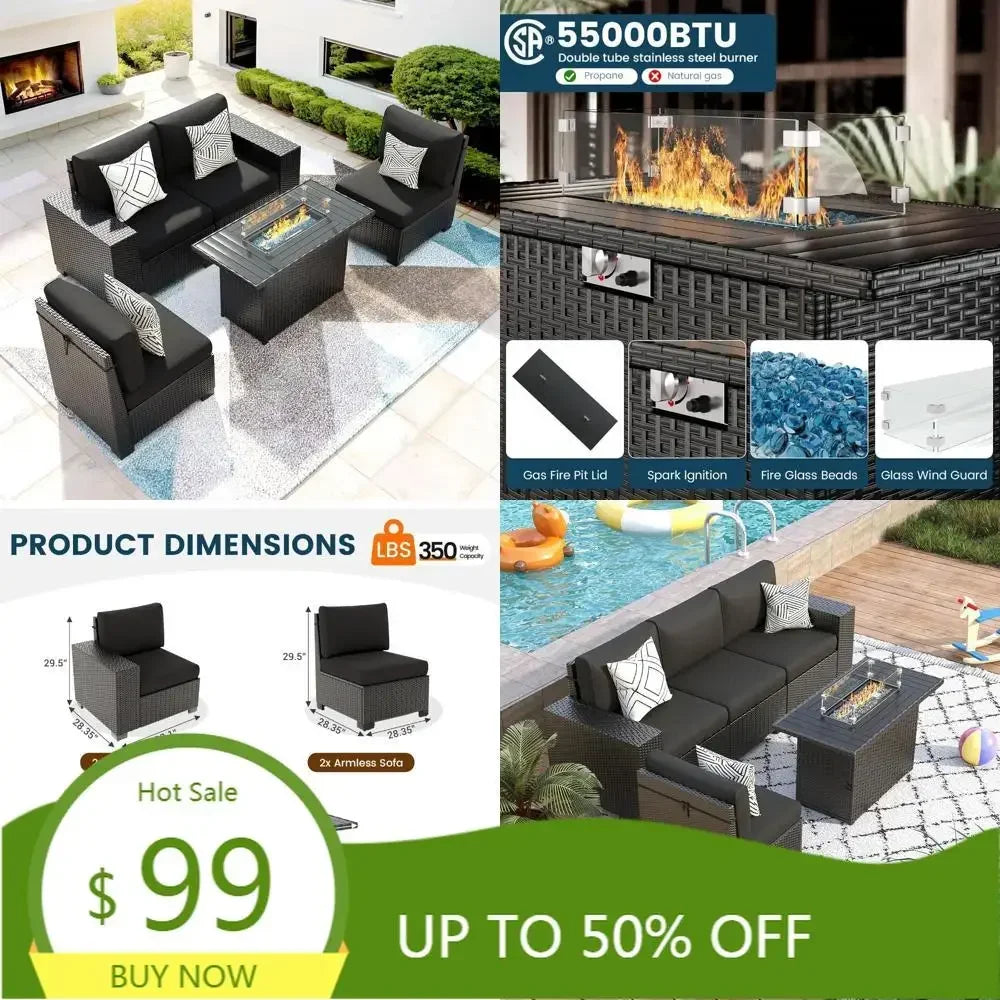 black wicker outdoor sectional sofa set with fire pit table for patio