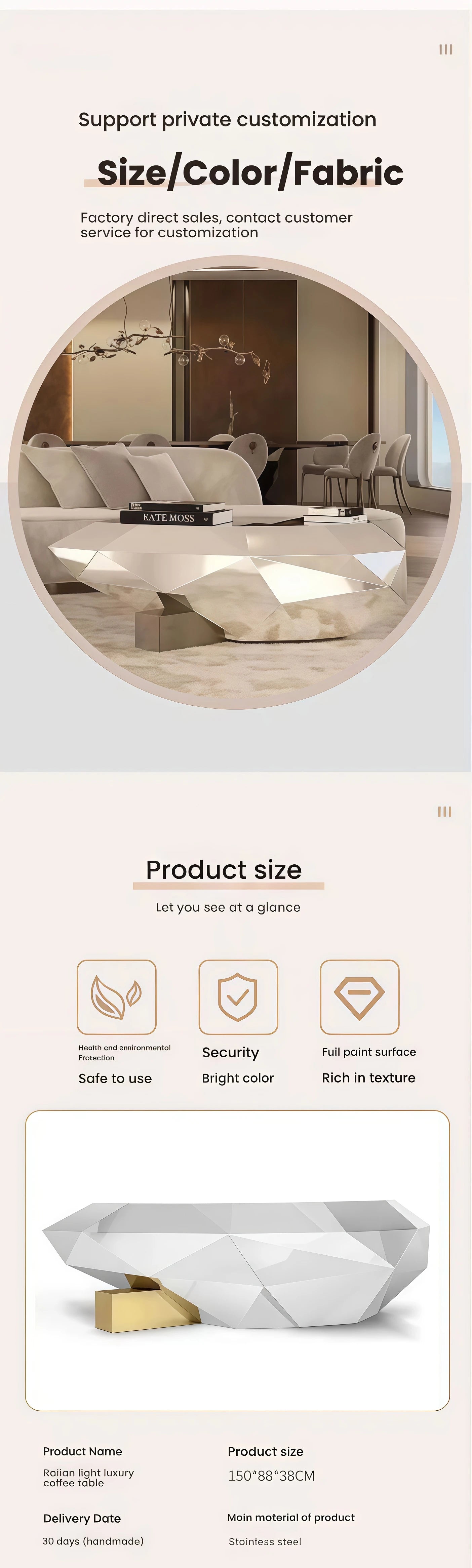 High-end art diamond-shaped coffee table post-modern stainless steel luxury living room furniture
