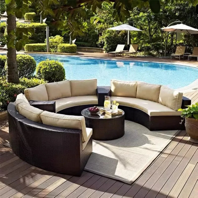 Outdoor round sofa, casual rattan curved sofa coffee table combination