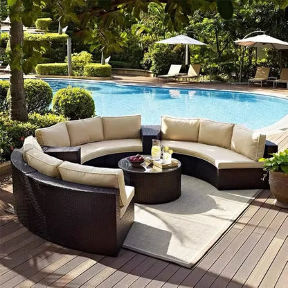 Outdoor round sofa, casual rattan curved sofa coffee table combination