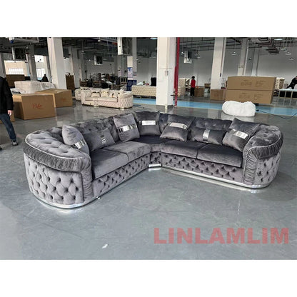 Luxury Chesterfield Sectional Sofa Set with Cloth Buttons and Fabric Modular Couch with Gold Stainless Steel Base, 3-seater Sofa