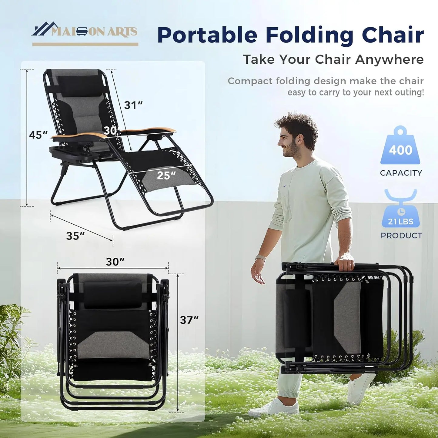 Oversized XXL Padded Zero Gravity Lounge Chair 30" Wide Seat Anti Gravity Lawn Chair Foldable Recliner Outdoor Camp Chair·New