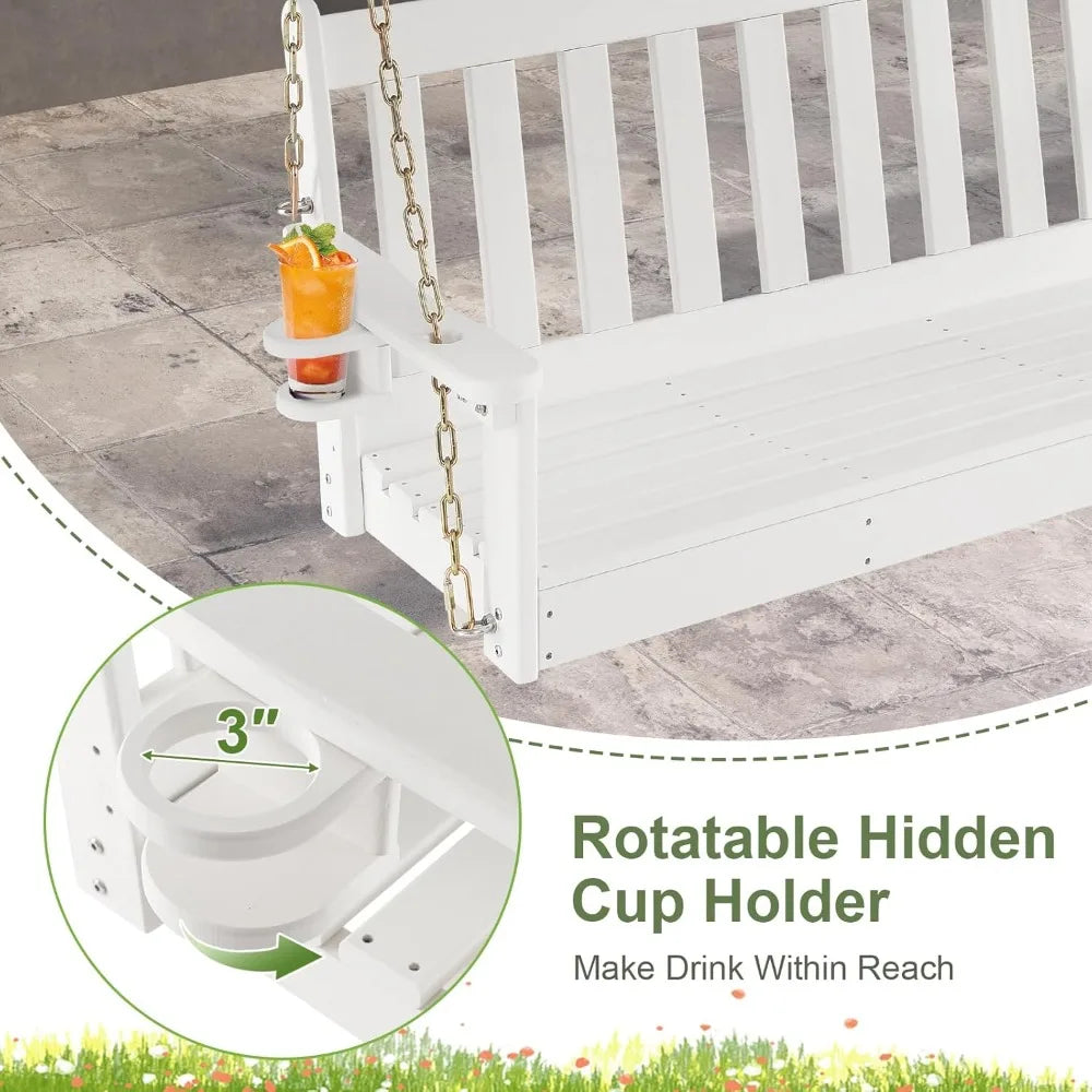 2 Person Hanging Porch Swing, Outdoor Bench Swing with Adjustable Chains, Hidden Cup Holder,  Tree Swing Chair for
