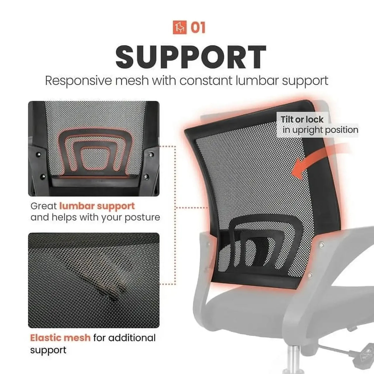 Ergonomic Office Chair, Lumbar Support, Adjustable Height with Armrests for Adults (Black)