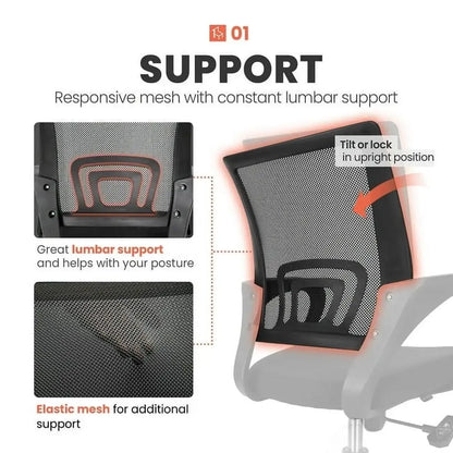 Ergonomic Office Chair, Lumbar Support, Adjustable Height with Armrests for Adults (Black)