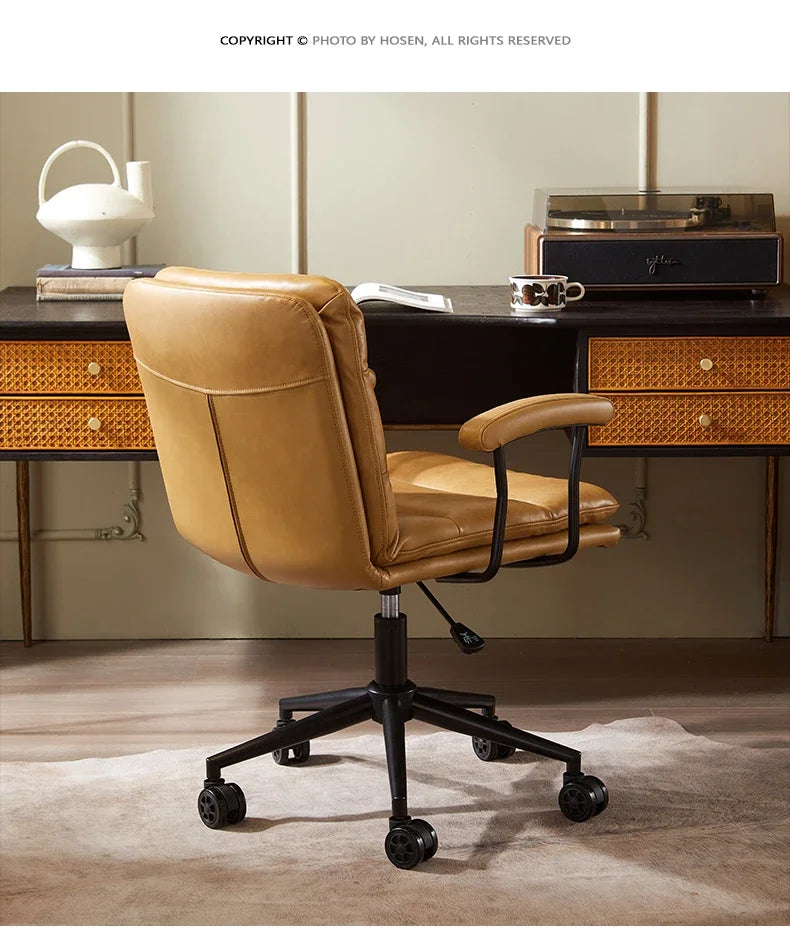 N Nordic Simple Leather Office Chair Home Comfortable Computer Swivel Chair Mid-Ancient Retro Iron Art Armchair