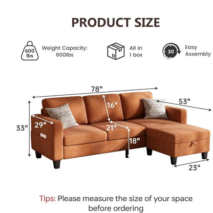 Sectional Sofa and Couches for Living Room, 78'' Orange 3 Seat L-Shaped Couch with Movable Ottoman, Comfy Velvet Convertible Sec