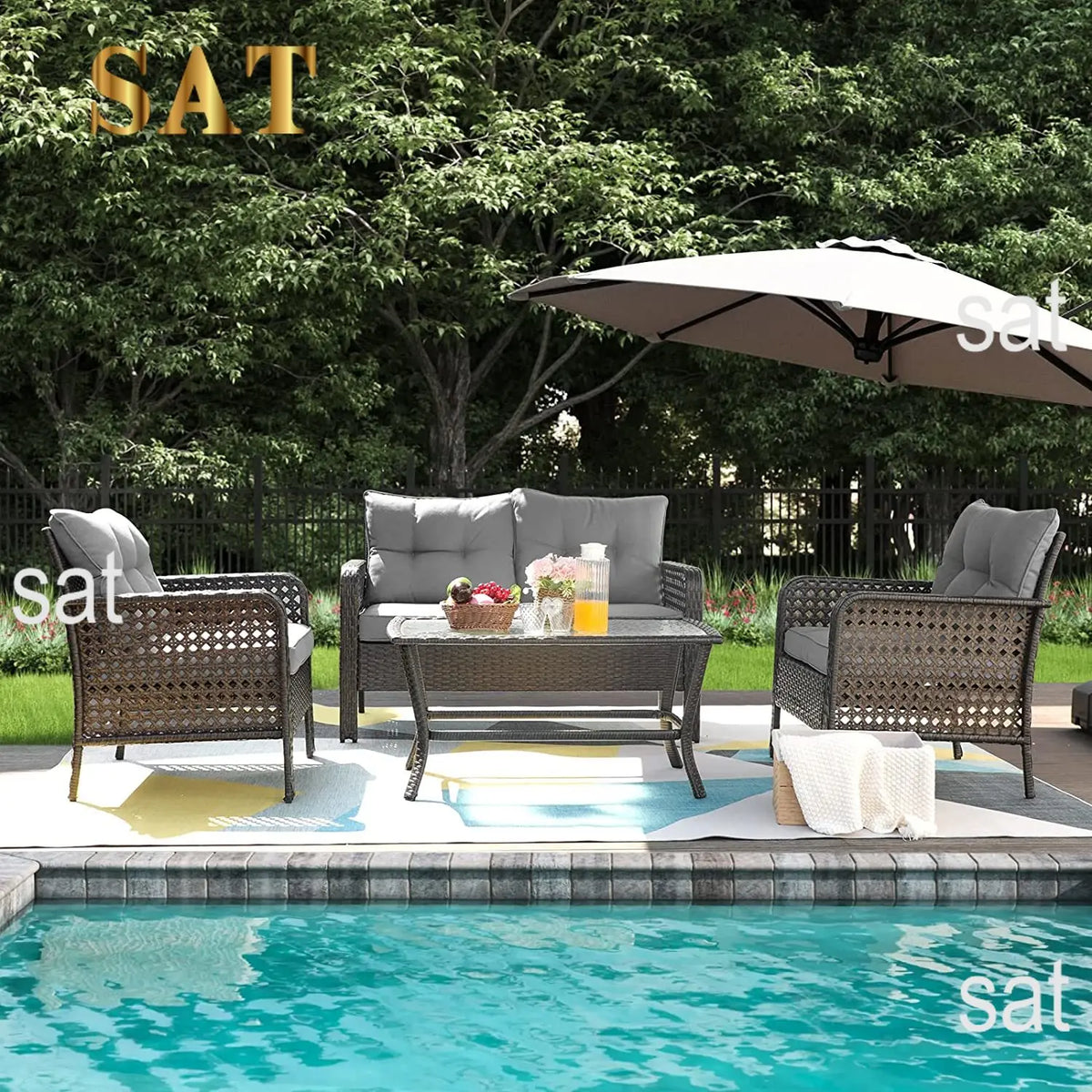 # New Arrival 4-Piece Rattan Patio Conversation Set With Blue Cushions