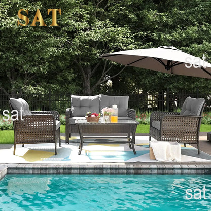 # New Arrival 4-Piece Rattan Patio Conversation Set With Blue Cushions