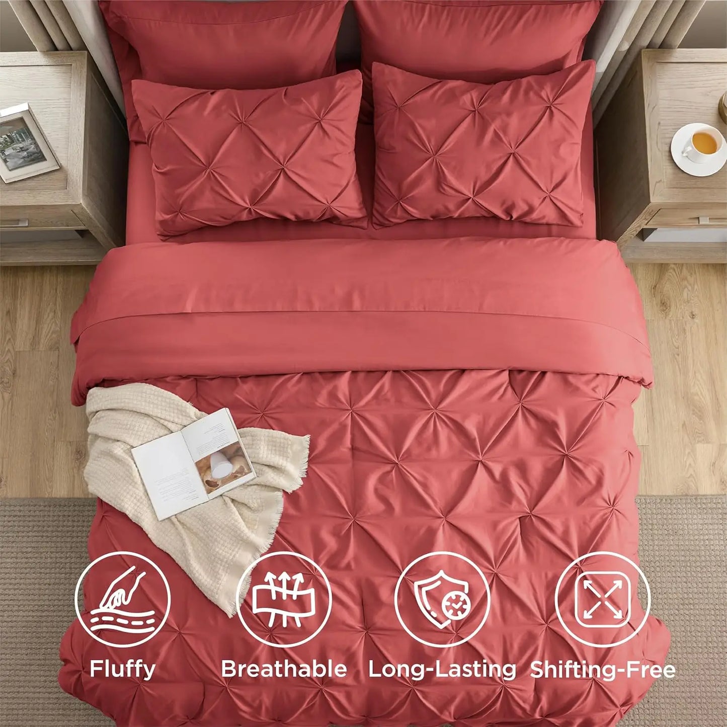 California King Comforter Set Coral Red Bed in a Bag California King 7 Pieces GentleSoft™ Pintuck Bed Set Gift for Family Pinch
