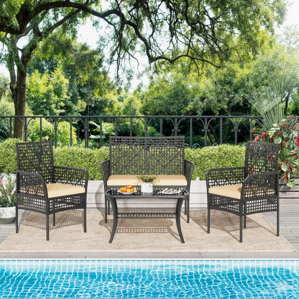 4 Piece Patio Furniture Set, Outdoor Wicker Chairs Rattan Conversation Sets with Cushions and Glass Coffee Table for Porch Garde