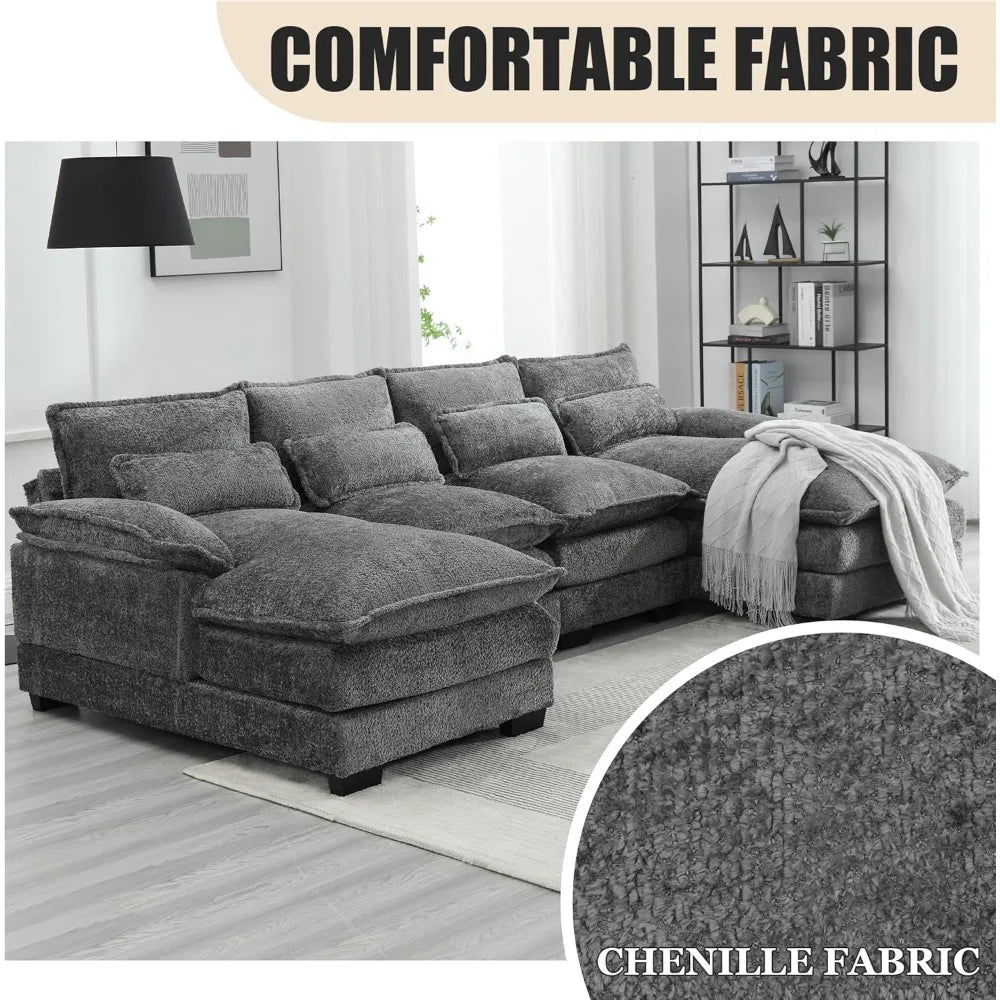 110'' U-Shaped Sectional Couch, Modern Chenille Extra Large Modular Sofa with 4 Cushions, Memory Foam Funiture Set