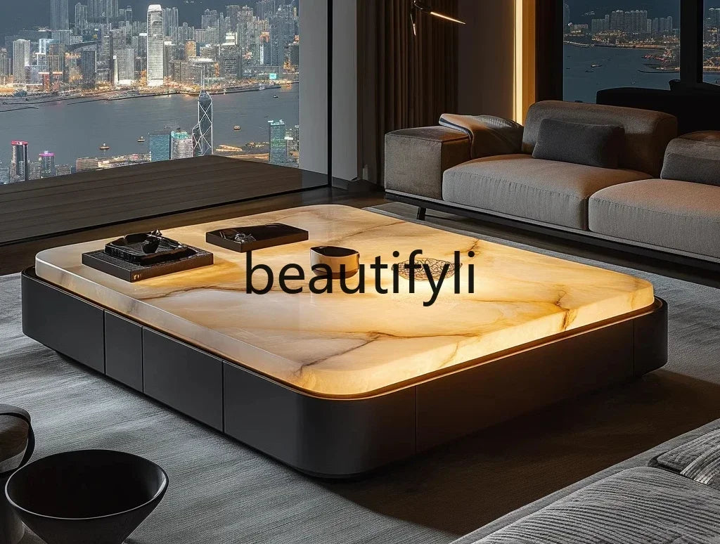 GLuminous jade coffee table, natural marble rectangular luxury stone, high-end light luxury style, living room coffee table