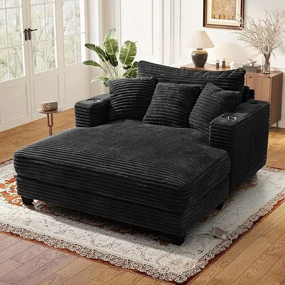 60 Chaise Lounge Indoor, Upgraded Oversized Upholstered Sofa Bed with Pillows & Armrests, Fluffy Plush Faux Fur Sleeper Couch Ch