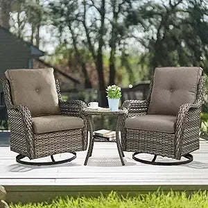 Chair Outdoor, Patio Bistro Furniture Conversation Set, Cushioned Wicker Chair with Glass Coffee