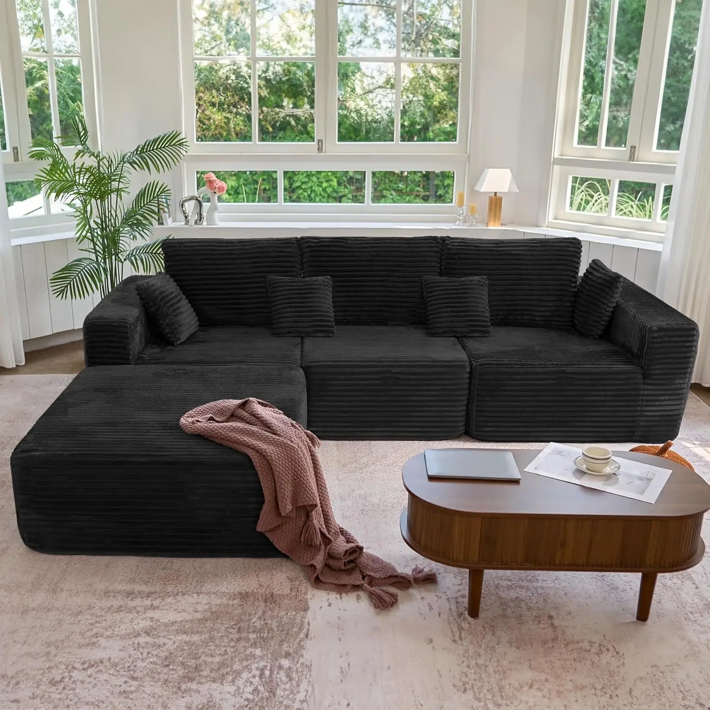113" Modular Sectional Sofa, Convertible L-Shaped Cloud Couches For Living Room With Ottoman, 4 Seater Corduroy Boneless Couch S