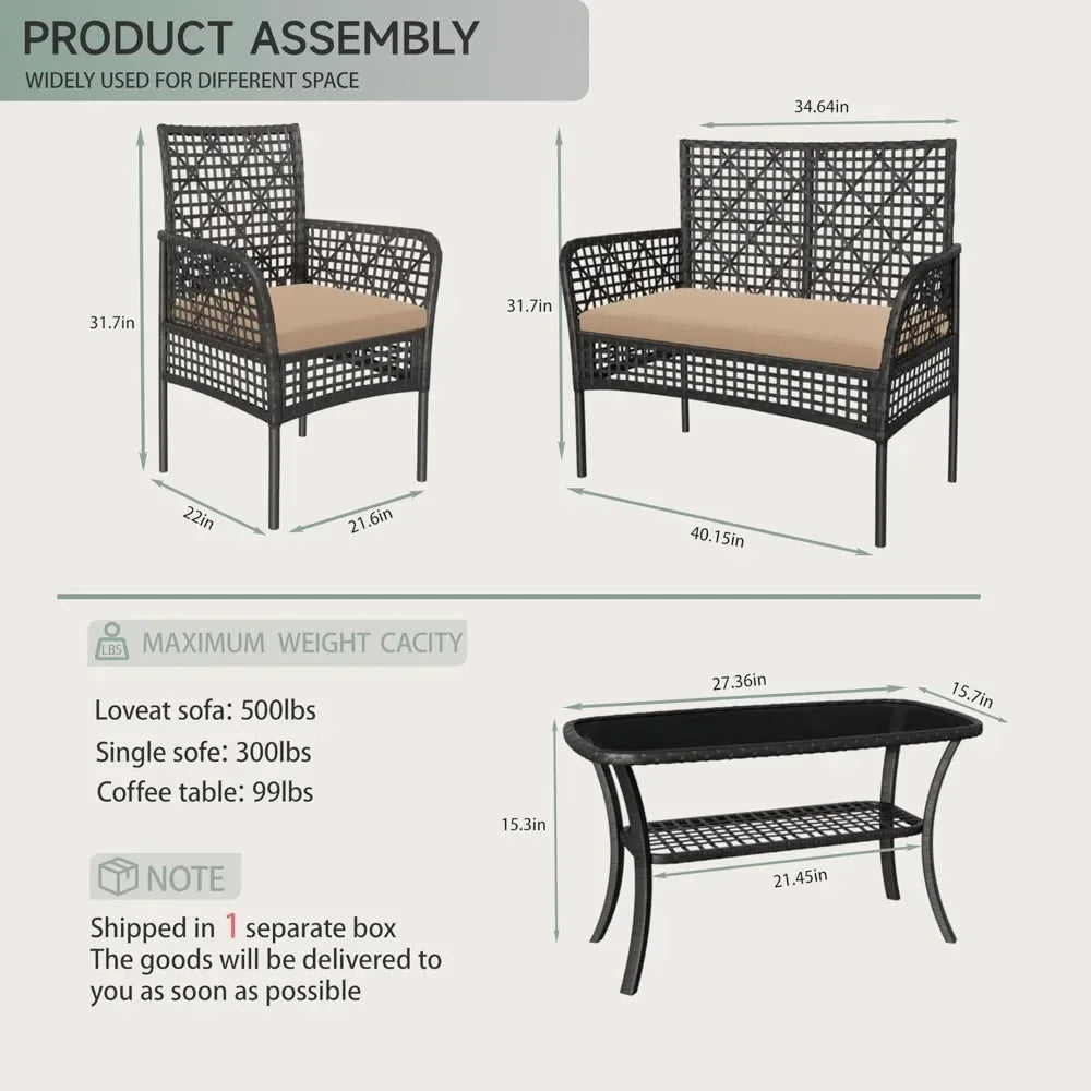 4 Piece Patio Furniture Set, Outdoor Wicker Chairs Rattan Conversation Sets with Cushions and Glass Coffee Table for Porch Garde