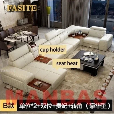 Italian Leather Couch With Heating Seat Cold Fridge Genuine Leather Sofa With Headrests USB, Stools And Storage Easy to clean