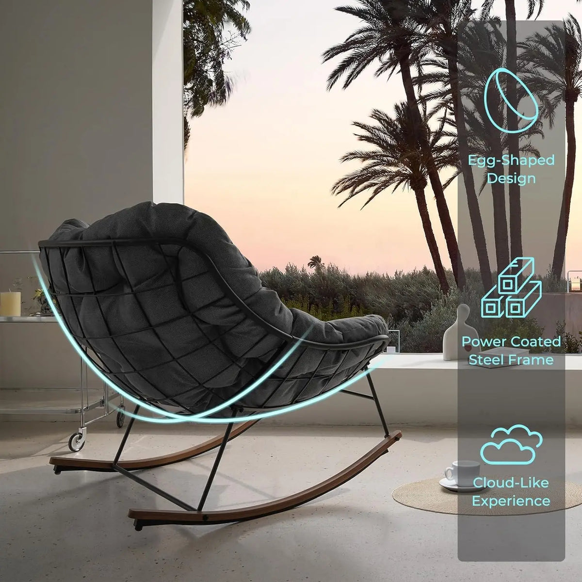 Outdoor Rocking Chair , E-Coated Papasan Rocking Chair with Cushion, Oversized Recliner Rocker for Patio Porch Garden
