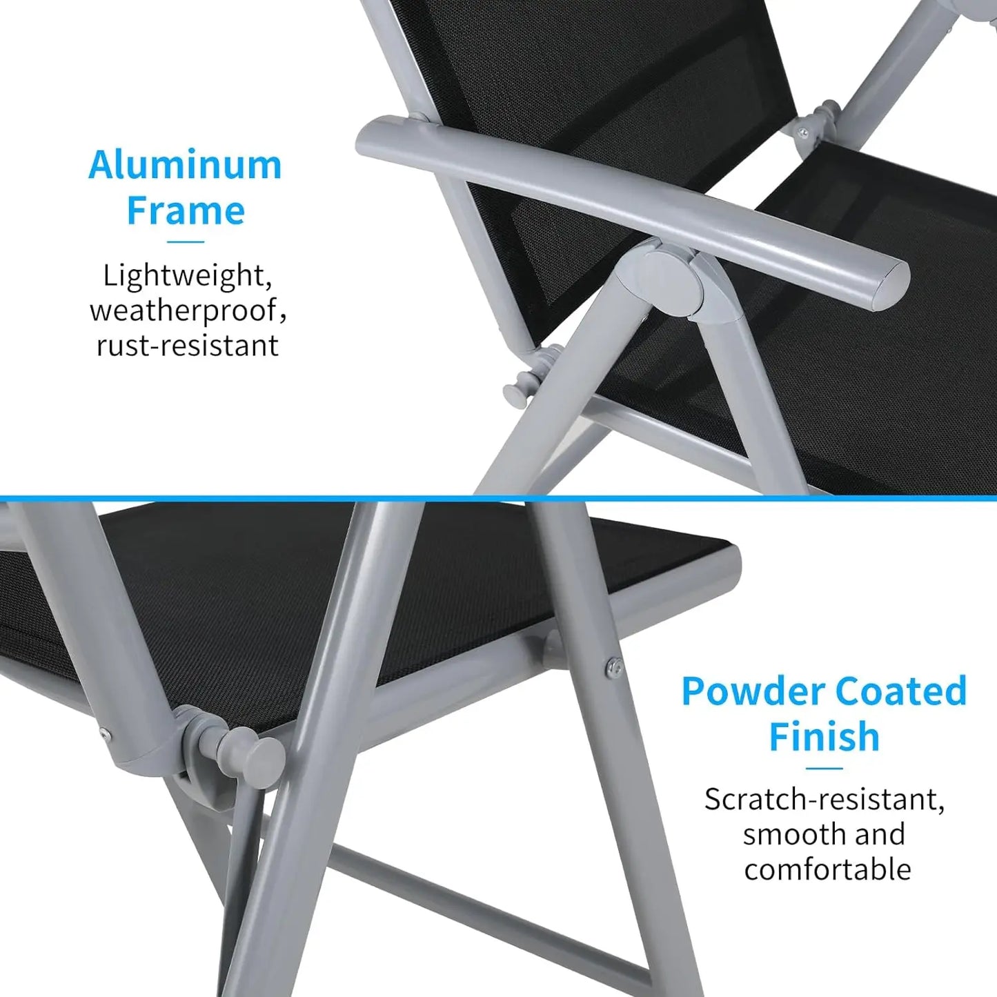 2PCS Foldable Lounge Chair Patio Folding Dining Chairs Aluminum Padded Adjustable High Back Lightweight Lawn Chair, Load 120kg