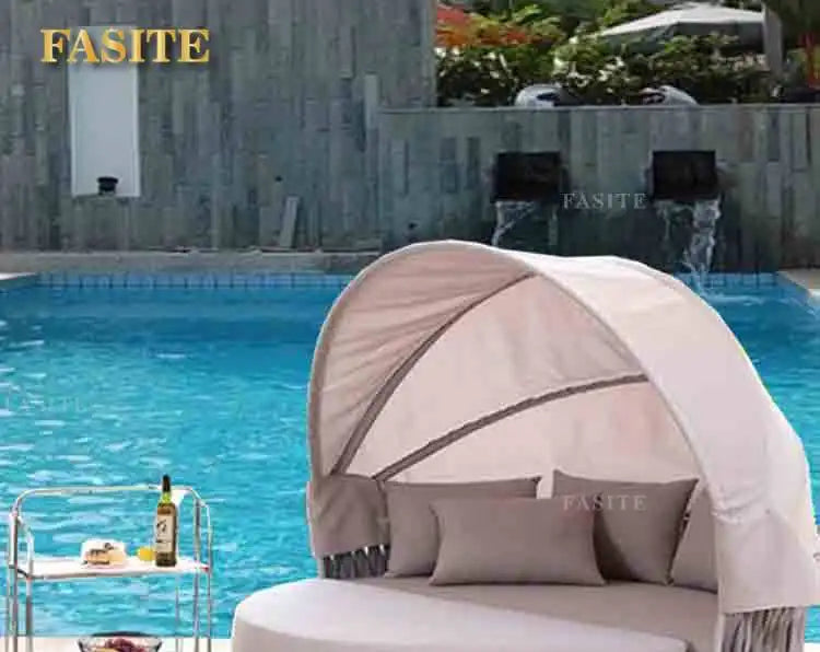 Outdoor circular bed courtyard terrace waterproof and sunscreen aluminum frame structure rope weaving storage