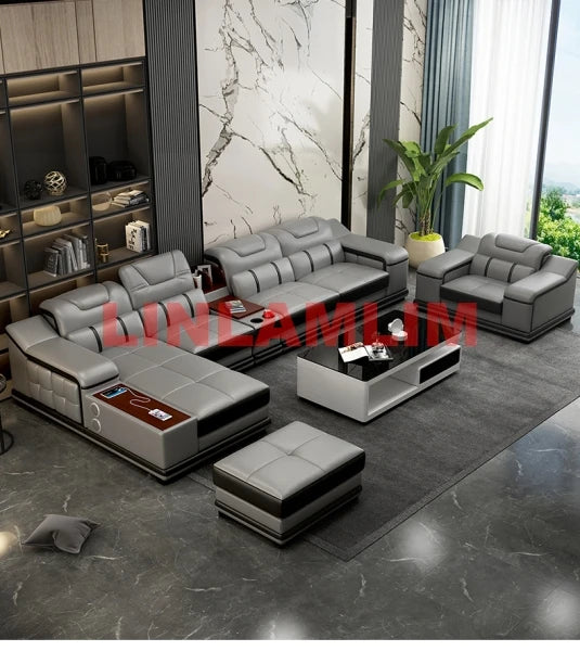 L-Shaped Modern Sectional Sofa Set with Chaise, Genuine Leather Reclining Couch with USB Charging Ports & Cup Holders, Couch Set