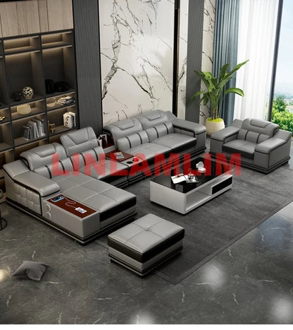 L-Shaped Modern Sectional Sofa Set with Chaise, Genuine Leather Reclining Couch with USB Charging Ports & Cup Holders, Couch Set