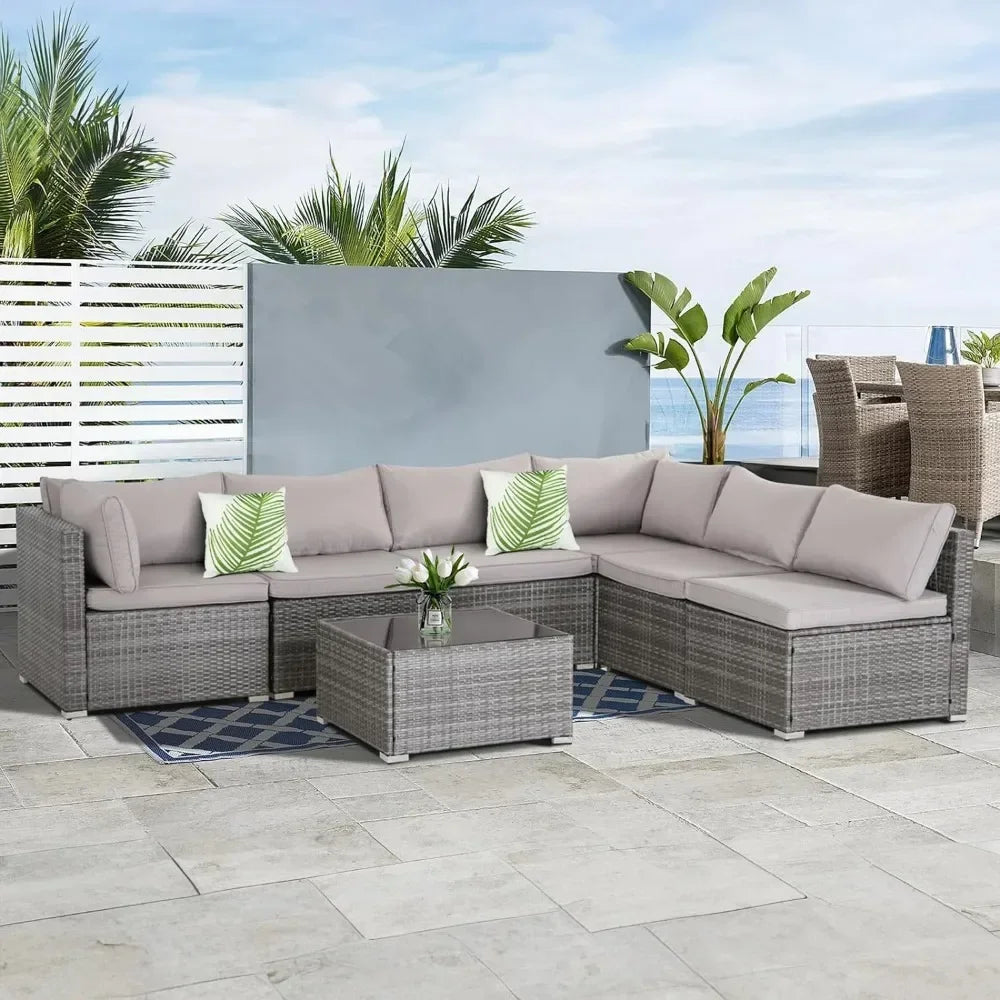 y 7-piece courtyard furniture set, modular wicker outdoor segmented sofa, PE wicker outdoor setL  W   H  28.5*25.6*25.6 inch