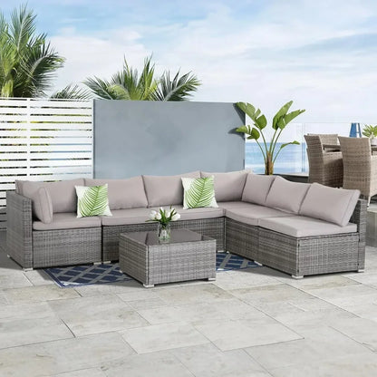 y 7-piece courtyard furniture set, modular wicker outdoor segmented sofa, PE wicker outdoor setL  W   H  28.5*25.6*25.6 inch