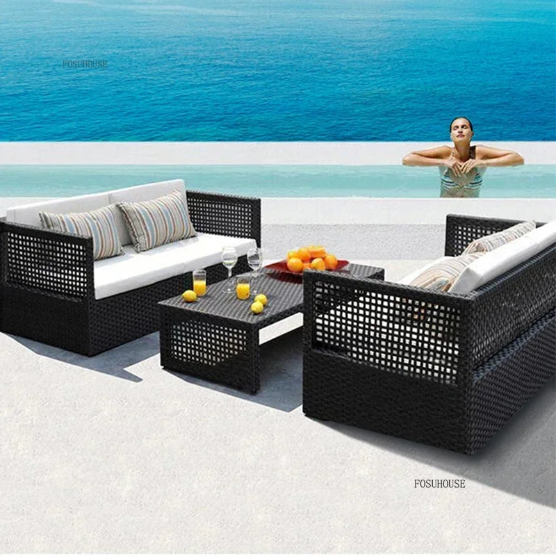 Nordic Outdoor Sofas Courtyard Villa Sun Room PE Rattan Chairs Single Double Terrace Sofa Waterproof Sunscreen Outdoor Furniture
