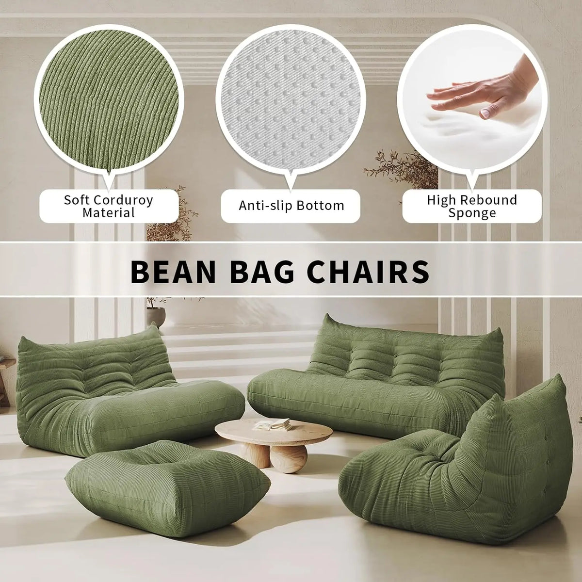 Bean Bag Chair for Adults Fireside 3 Seater Sofa Floor Lazy Couches with Ergonomic Design Corduroy Cozy Memory Foam, Customized