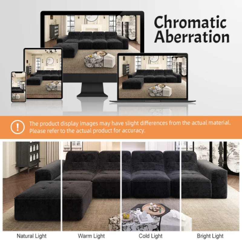 U-Shaped Sectional Sofa, Convertible Modular Couch with Double Chaise, 4-Seater Living Room Furniture, Black