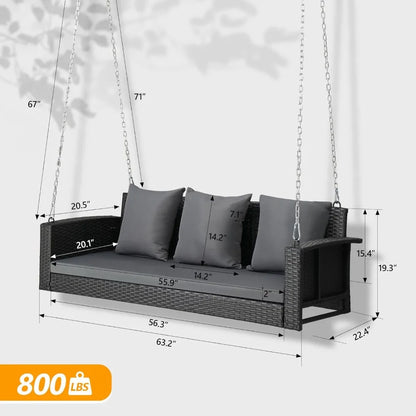 Sturdy 800-Pound Capacity Wicker Swing with Cushions and Chains, 5-Foot Outdoor Rattan Bench for Patio and Garden Use