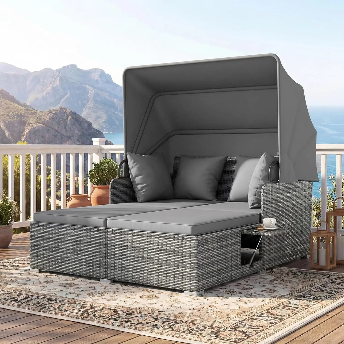 Outdoor Daybed, 2-Person Wicker Patio Sofa with Retractable Canopy, Cushions & Pillows, 2 Side Trays, PE Rattan Double, Custom