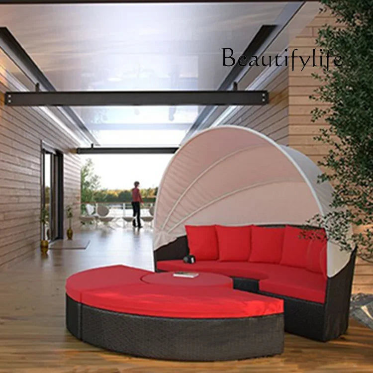 N Outdoor Lounge Leisure Ratten Bed Balcony Courtyard Sun Shade Sofa Outdoor round Bed