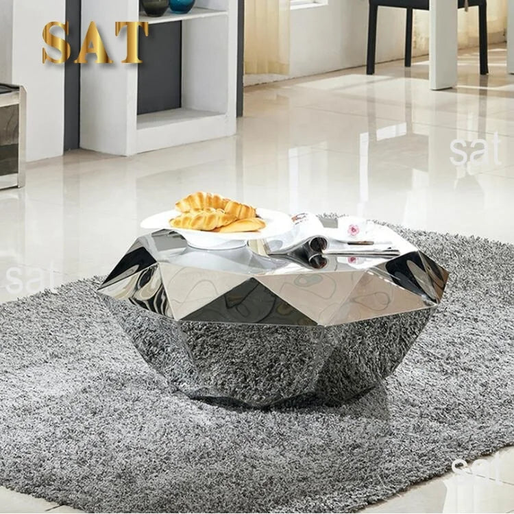 Modern Living Room Furniture Smart Luxurious Unique Diamond Shape Goldsilver Metal Mirrored Coffee Table